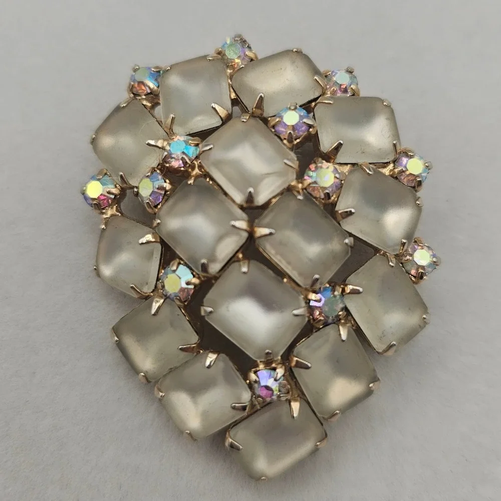 Vtg Frosted Glass Aurora Borealis Rhinestone Brooch Statement Gold Tone Wedding